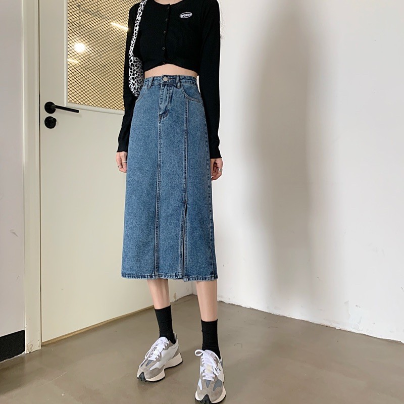 chân váy jean/denim A-line xẻ tà HÀNG CÓ SẴN
