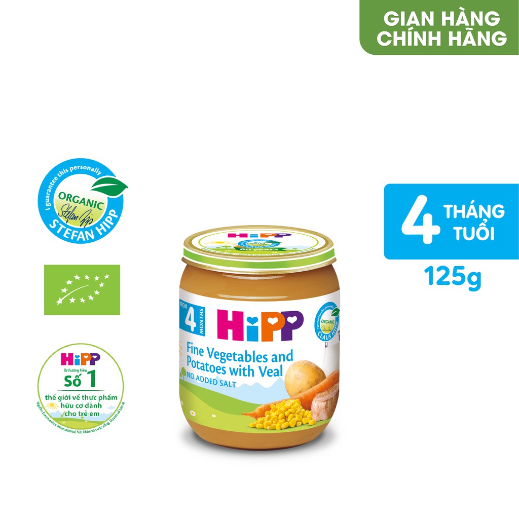 [Mã LTP50 giảm 50000 đơn 150000] Dinh dưỡng đóng lọ ăn dặm Thịt bê, khoai tây, rau tổng hợp HiPP Organic 125g