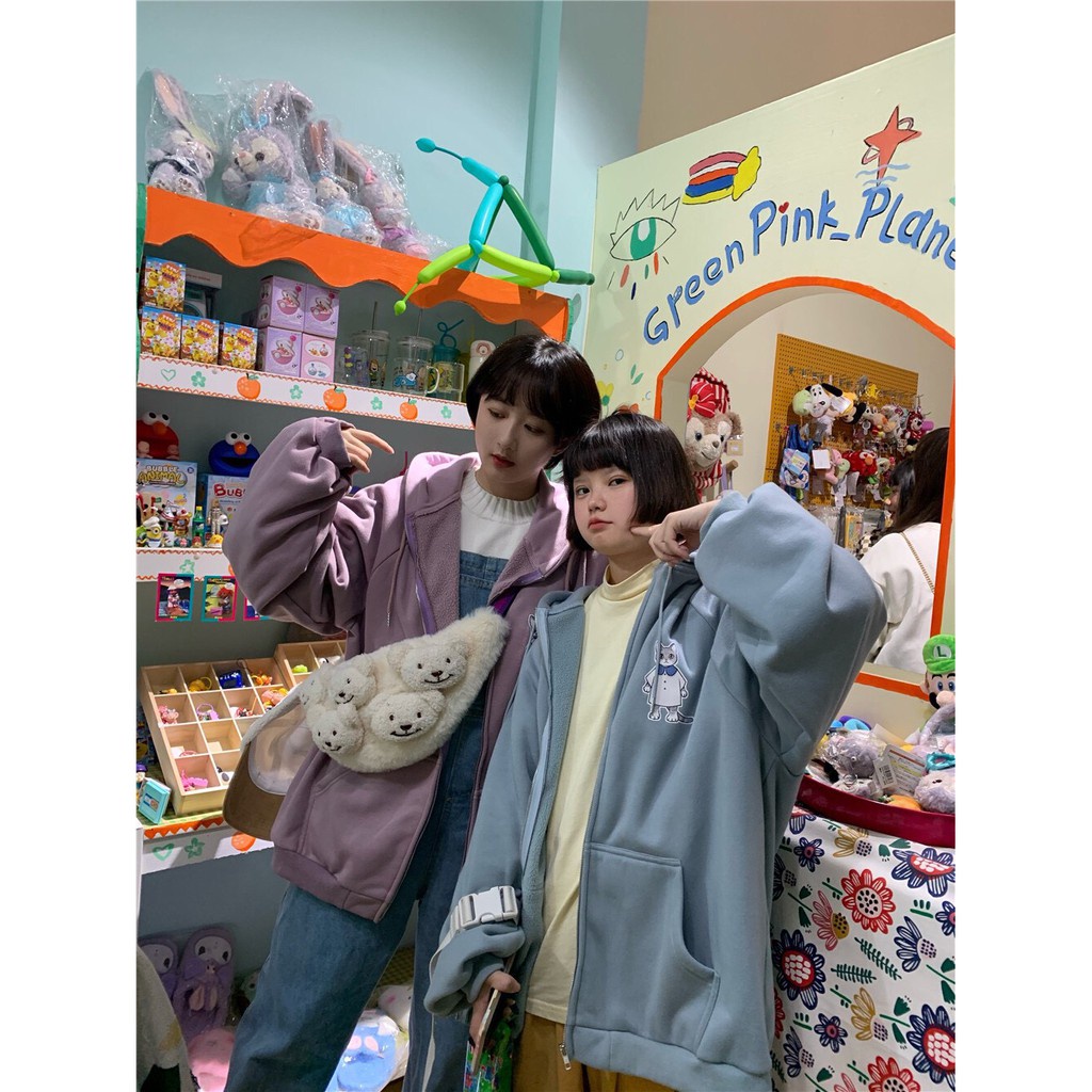 ÁO KHOÁC NỈ PUPPY ĐEO NƠ - ÁO HOODIE ZIP THỎ GẤU BUỘC KHĂN HỒNG RÊU XANH ULZZANG