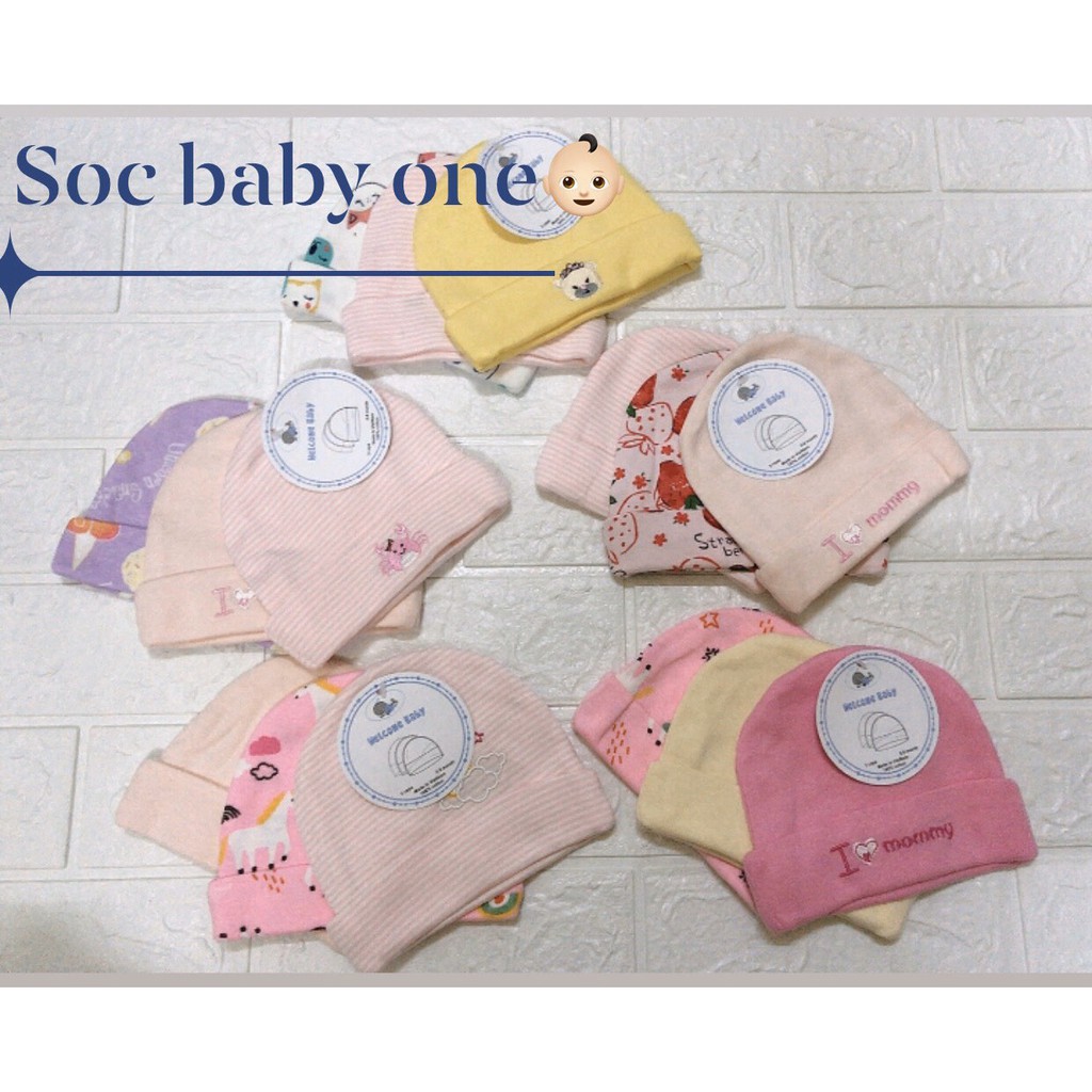 Set hàng 3 mũ vải cotton mềm mịn cho các em bé sơ sinh