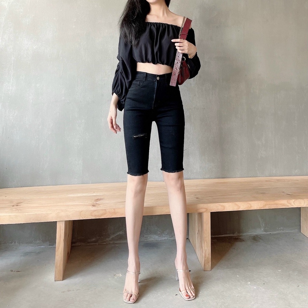 Quần ngố jean co giãn rách gối size trên 55kg form ôm dáng QJ107D