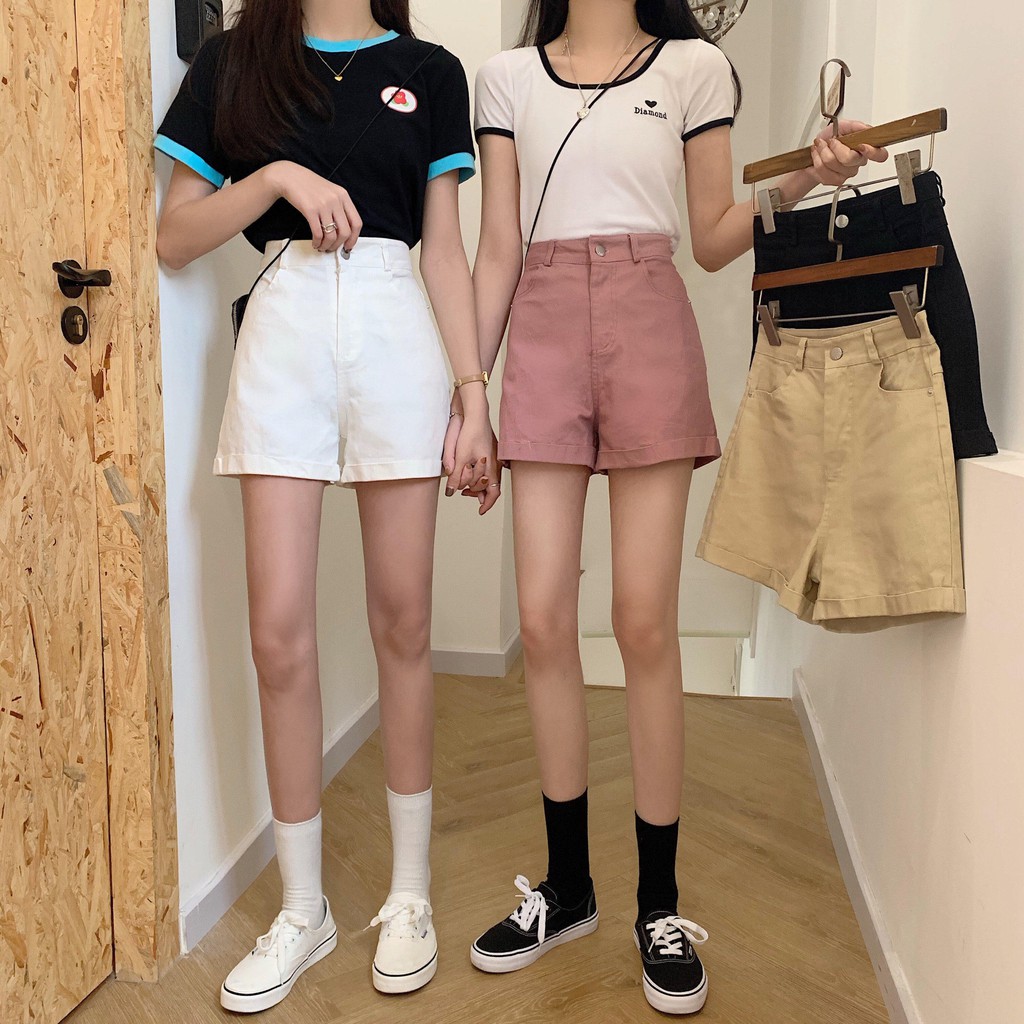 Quần short vải denim lưng cao ống rộng 4 màu tự chọn cho nữ