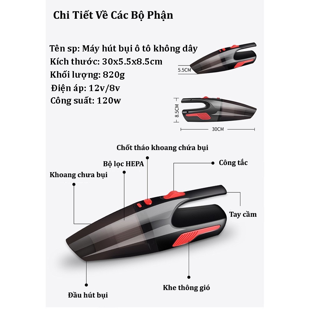 Máy Hút Bụi Cầm Tay Mini Không Dây Cao Cấp Công Suất 120W - Máy hút bụi ô tô mini Vacuum Cleaner thông minh