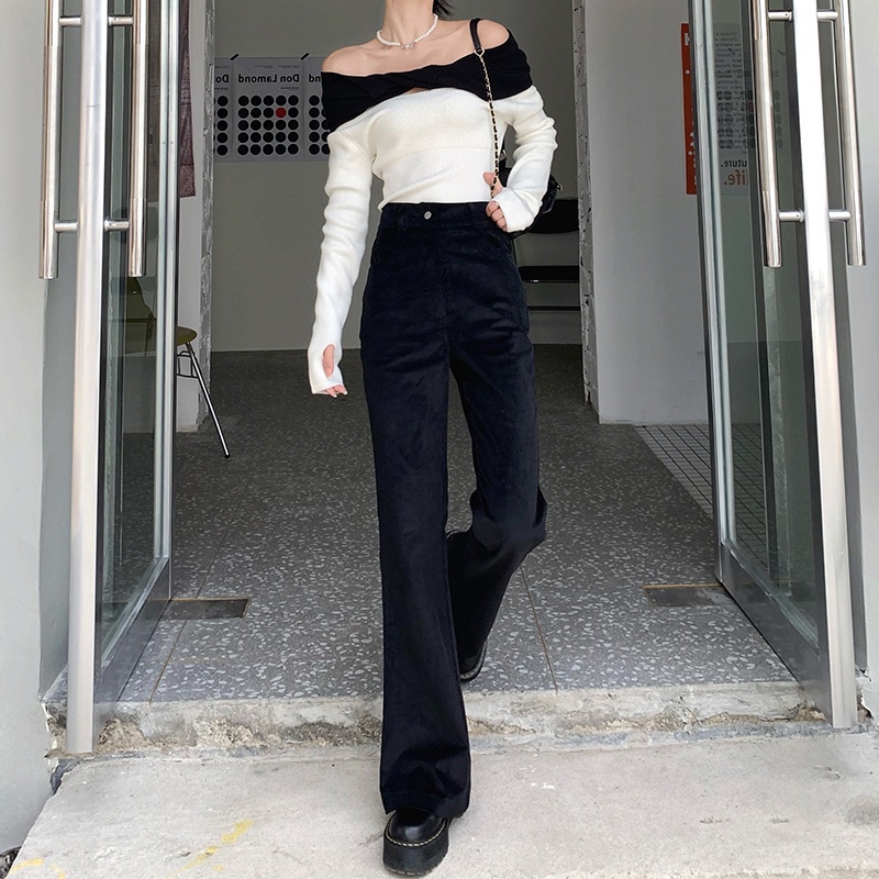 Quần dài ống loe lưng cao phong cách retro Hàn Quốc dễ phối đồ cho nữ