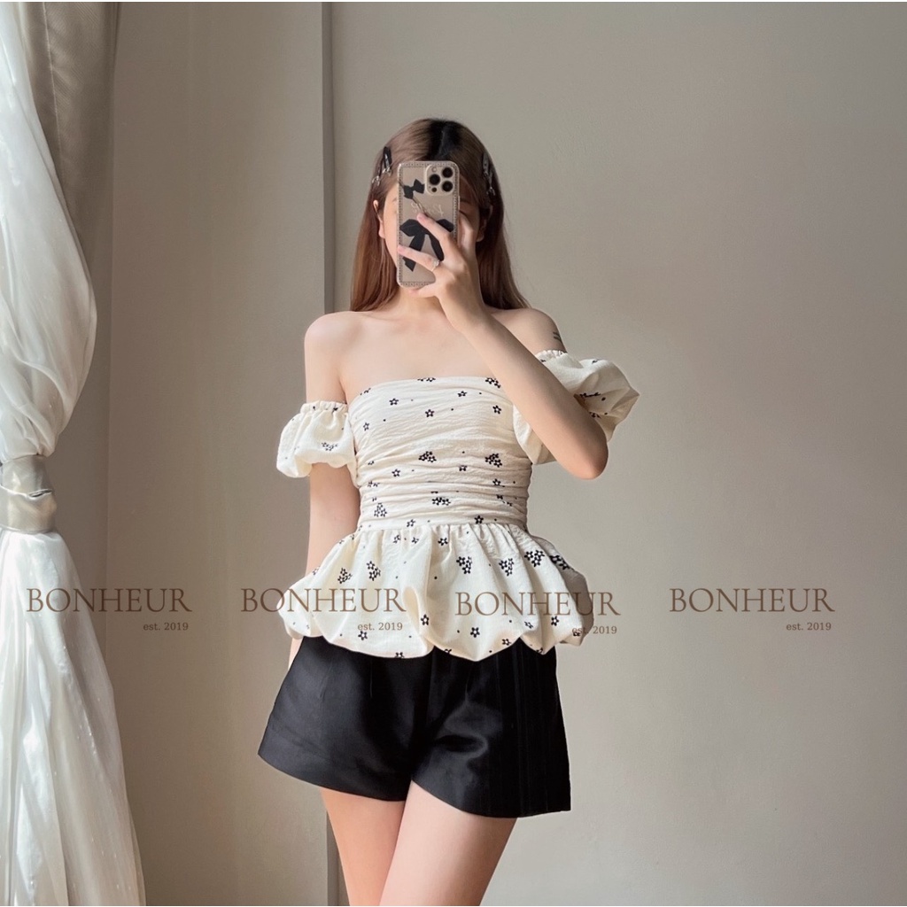 áo cúp bồng kèm tay trễ vai xoè dúm ngực phong cách tiểu thư vải đũi xốp Hàn thiết kế Bonheur Mina Top | BigBuy360 - bigbuy360.vn
