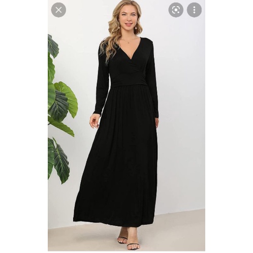 Đầm maxi tay dài f21 VNXK form xoè màu trơn cổ V đắp chéo basic xuất khẩu dư xịn màu đen và xanh ngọc