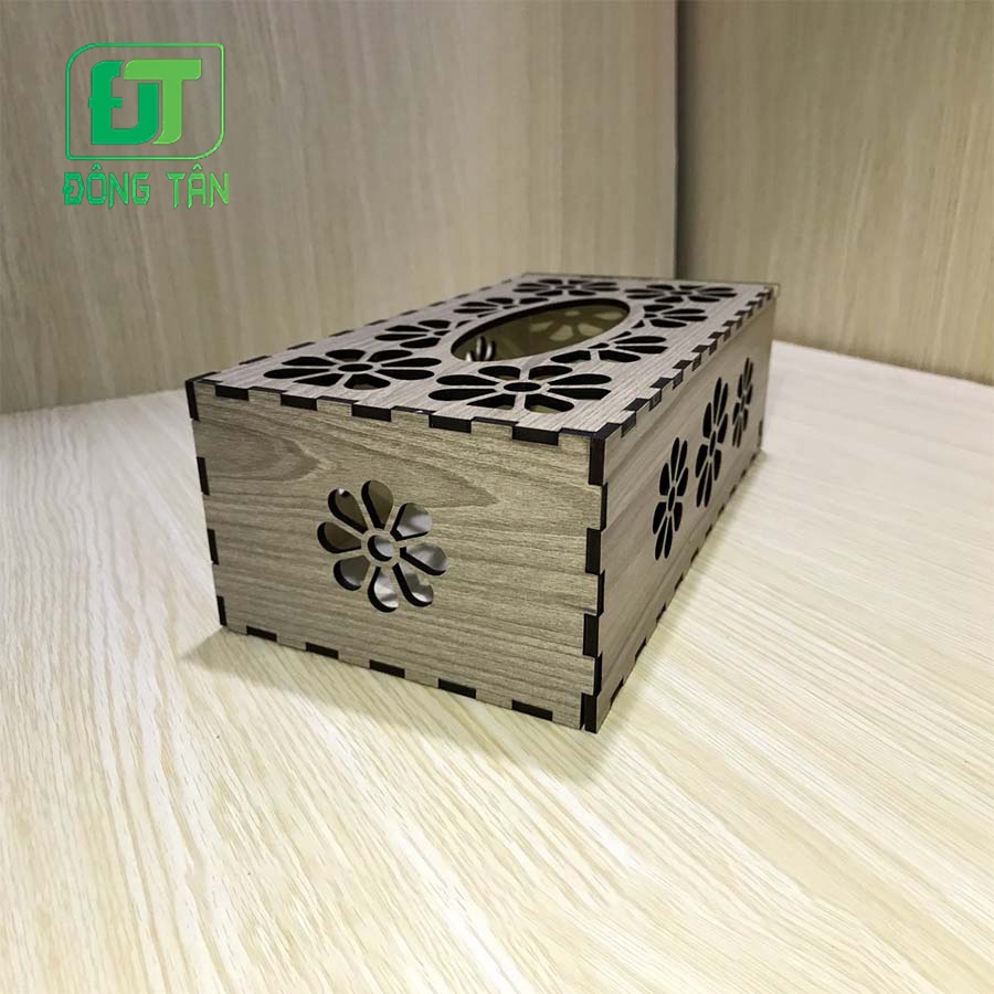 Hộp Đựng Khăn Giấy Ăn Bằng Gỗ Hình Chữ Nhật  ĐÔNG TÂN Khắc Hình Hoa Mai Tặng Kèm Ống Tăm Gỗ