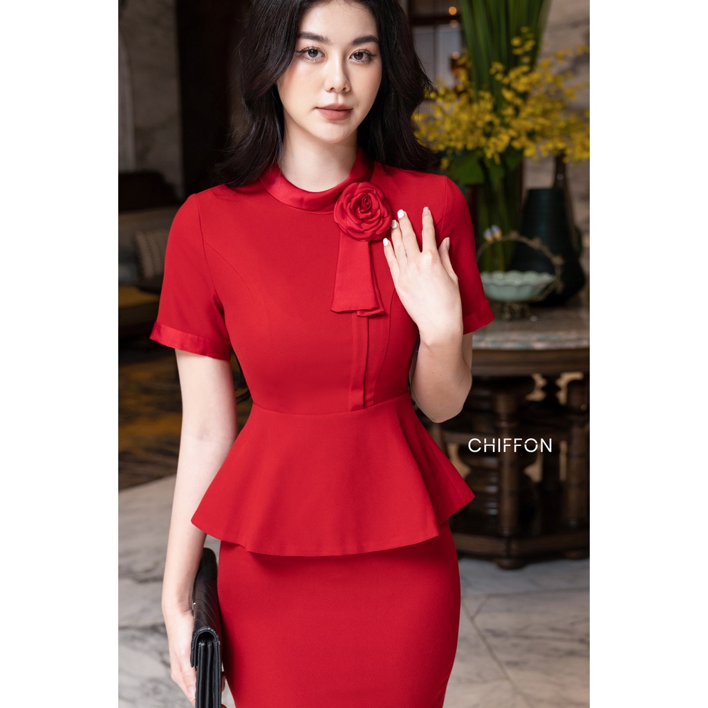 Set vest ký giả cao cấp cổ phối nơ hoa thiết kế Chiffon