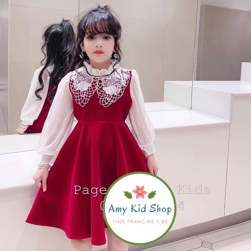 VÁY NHUNG XOÈ PHỐI REN TAY VOAN CHO BÉ DIỆN NOEL VÀ TẾT