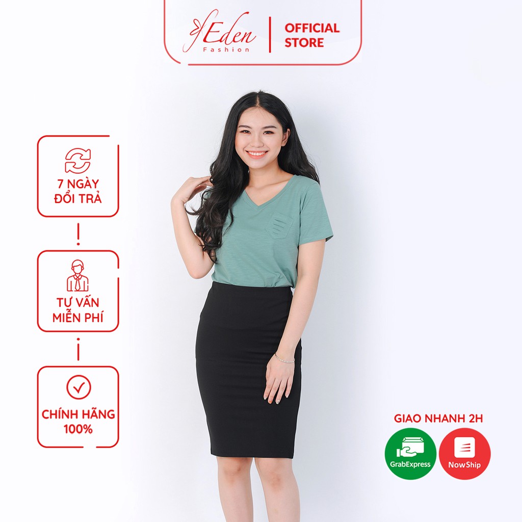Áo thun nữ thời trang Eden, áo phông freesize cổ tim túi xéo chất liệu cotton 100% co giãn 4 chiều - AT080