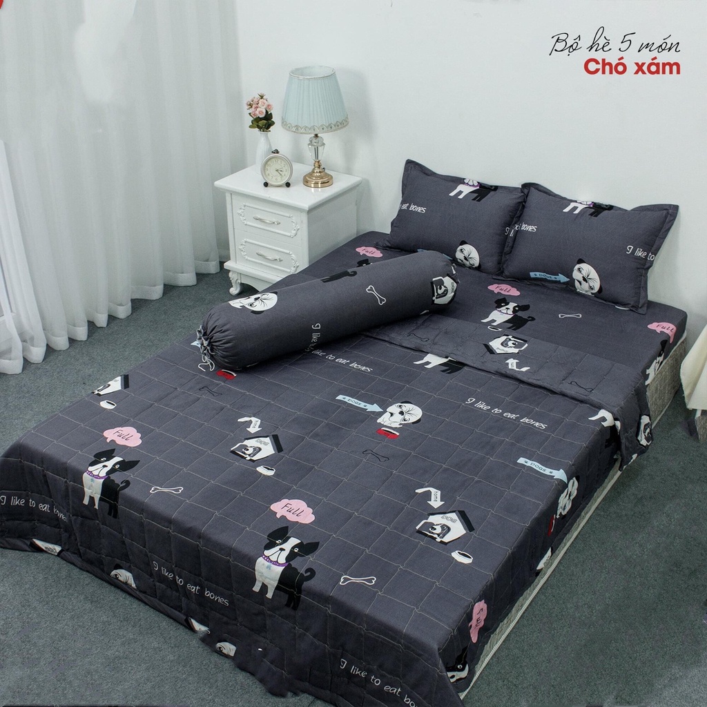 Bộ chăn ga gối 5 món Poly Cotton họa tiết dễ thương, chăn hè chân bông đủ kích thước 1m6 1m8 2m2 - MT.Decor