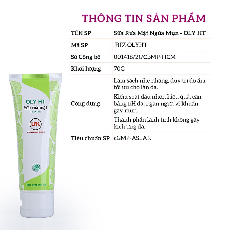 Sữa rửa mặt OLY HT ngừa mụn trắng da tinh chất dưa leo 70ml chính hãng Long Phụng Khang