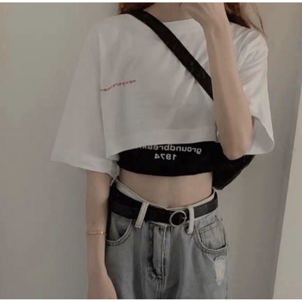 Áo kiểu croptop bên ngoài kèm áo 3 lỗ trong ôm in chữ cực hot