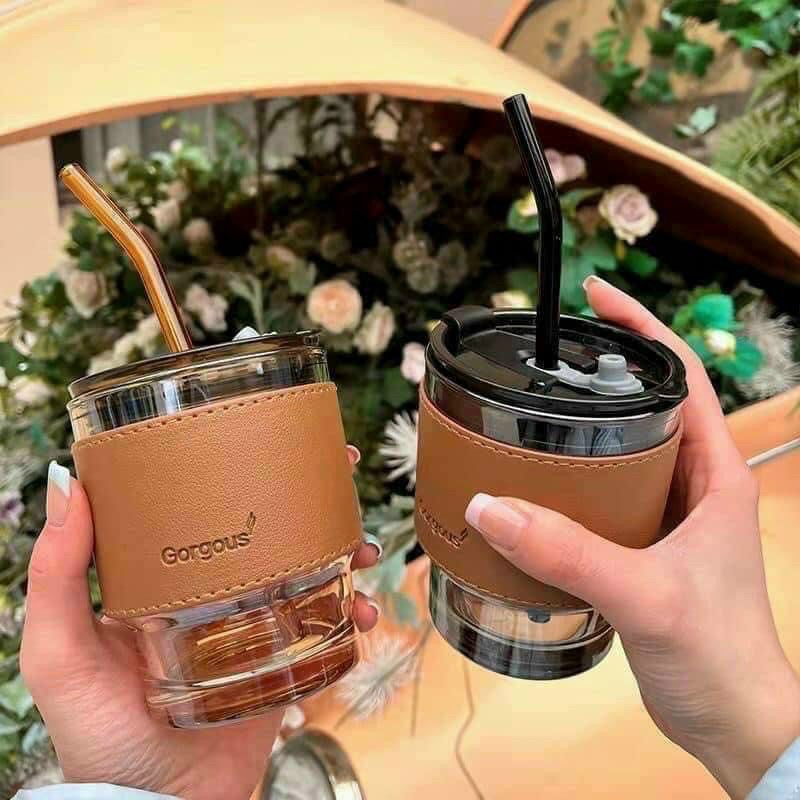 CỐC THUỶ TINH BỌC DA SANG CHẢNH - KÈM ỐNG HÚT THUỶ TINH - 450ML