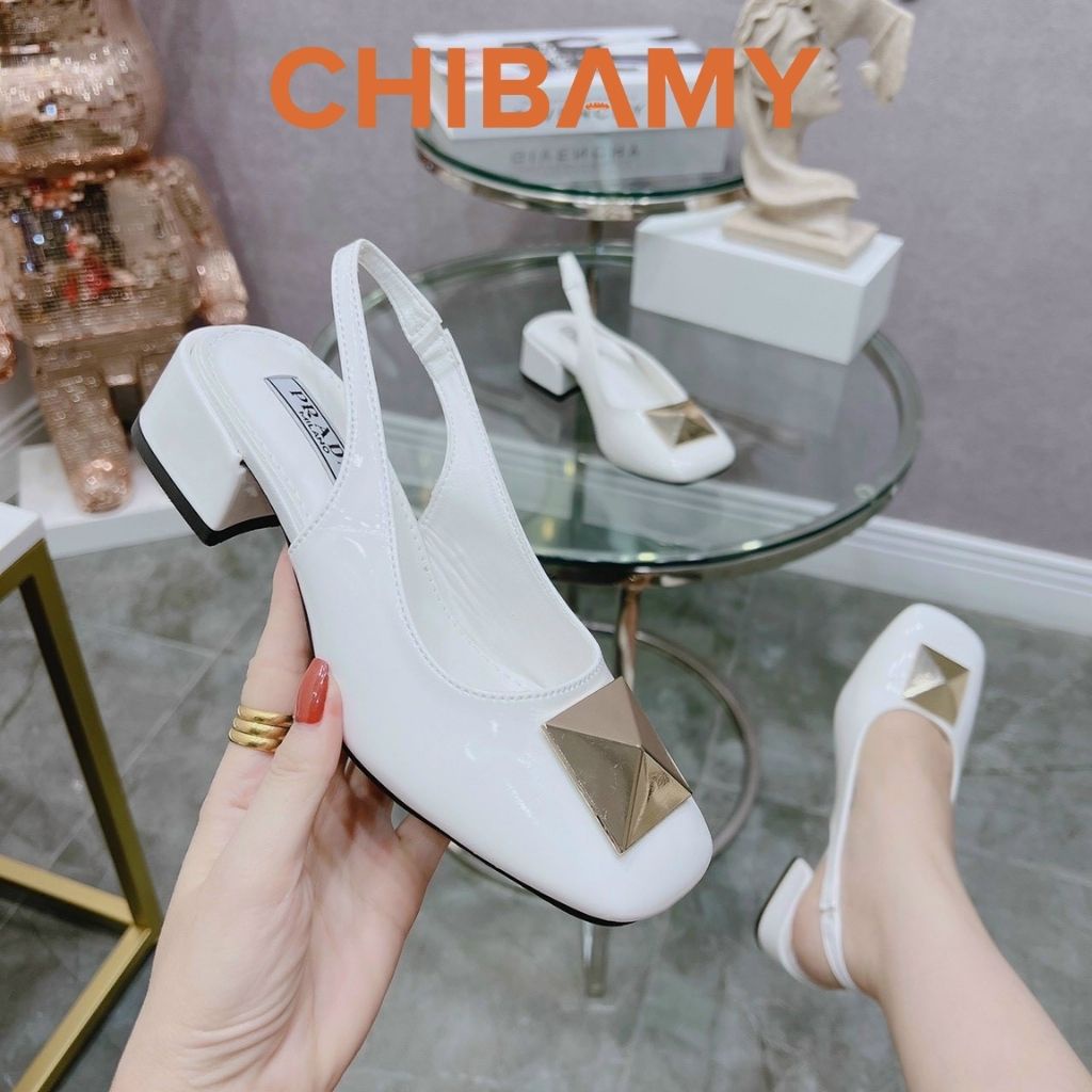 Giày cao gót nữ đính đá kim loại vuông KIM TỰ THÁP, giày bít mũi CHIBAMY cao 3cm