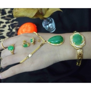 Bộ trang sức nữ ngọc xanh đồng non kê dát vàng 18k