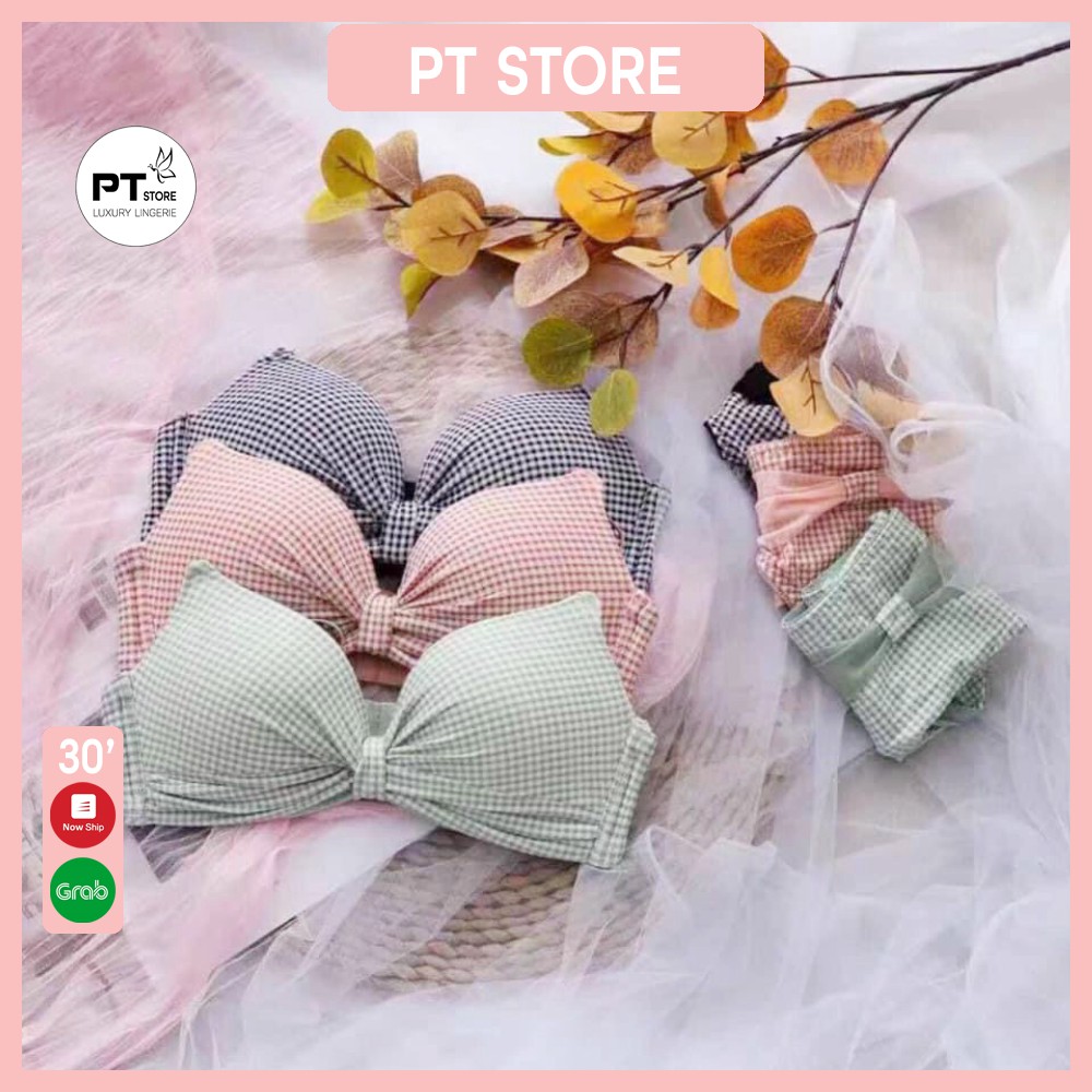 Bộ Áo Lót Nữ Nhún Nơ Kẻ Dây Kép Đệm Vừa + Quần Mã-Áo lót nhún nơ họa tiết kẻ caro nâng ngực- FLA55