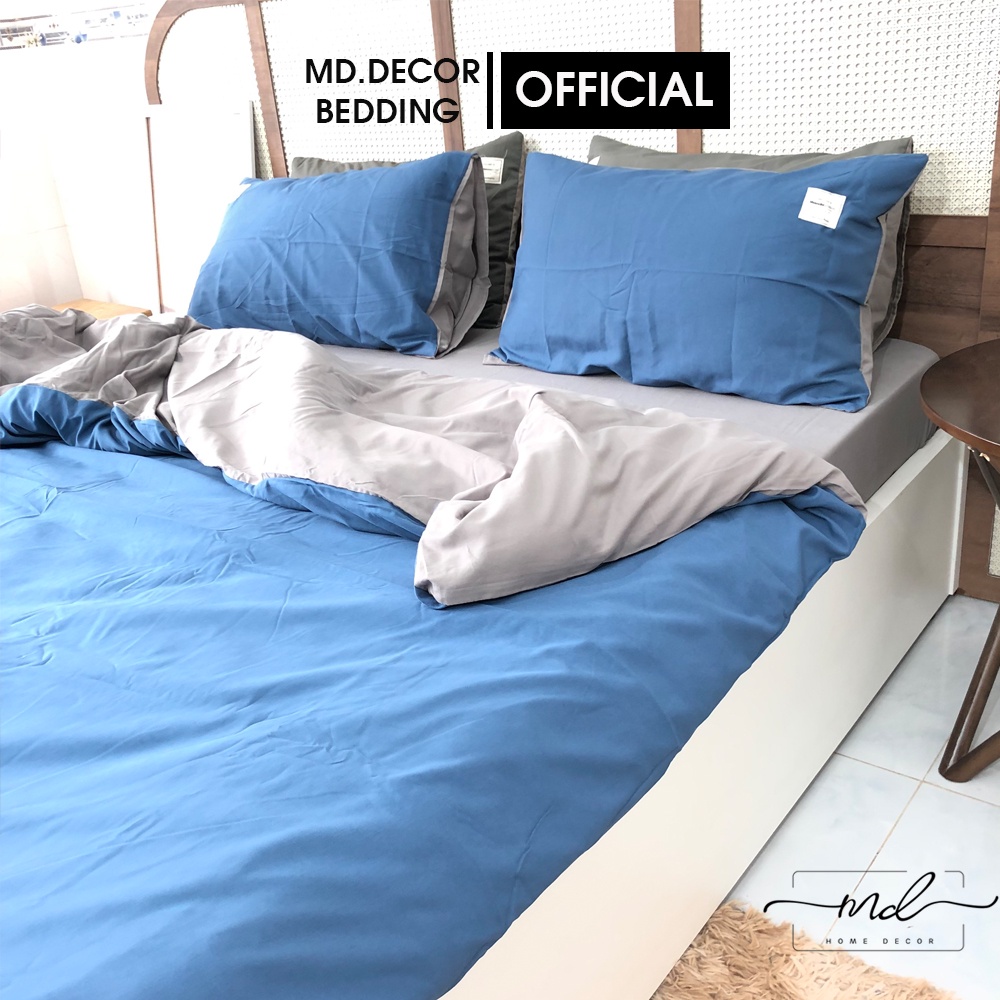 Bộ chăn ga gối cotton tici MD.Decor màu xanh dương phối xám nhiều kích thước nệm m2,m4,m6,m8