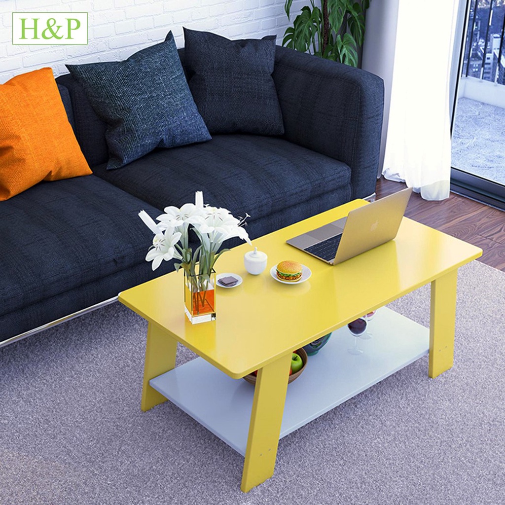 Bàn Trà Sofa Bàn Trà Cafe Hiện Đại 2 Tầng Đa Năng Tiện Dụng, Phong Cách Nhật - Màu Vàng Trắng