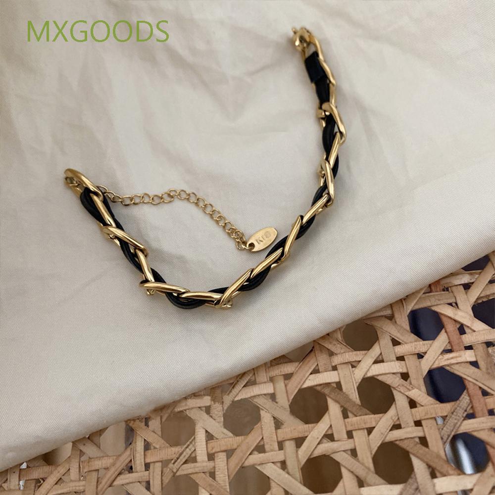 Vòng tay/ Vòng cổ choker bằng da phối xích kim loại có thể điều chỉnh cho nữ