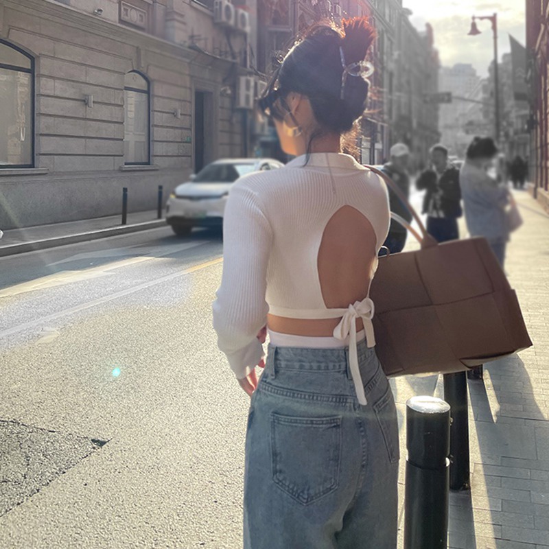 Áo Dệt Kim Tay Dài Cổ Chữ V Hở Lưng Màu Sắc Đơn Giản Phong Cách Retro Dành Cho Nữ