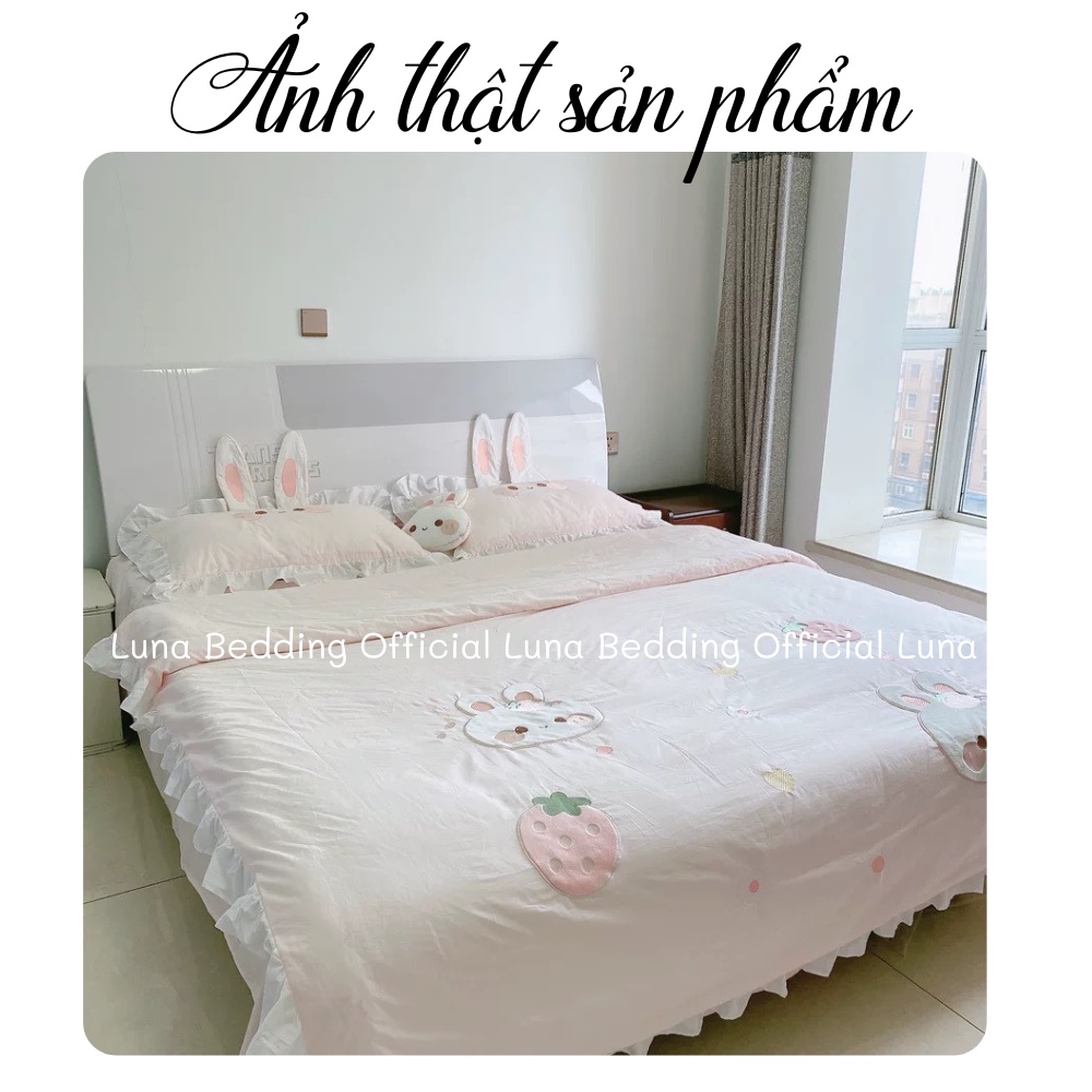 (Ảnh Thật) Bộ Chăn Ga Cotton Linen Thỏ Hồng Dâu Tây Luna Bedding