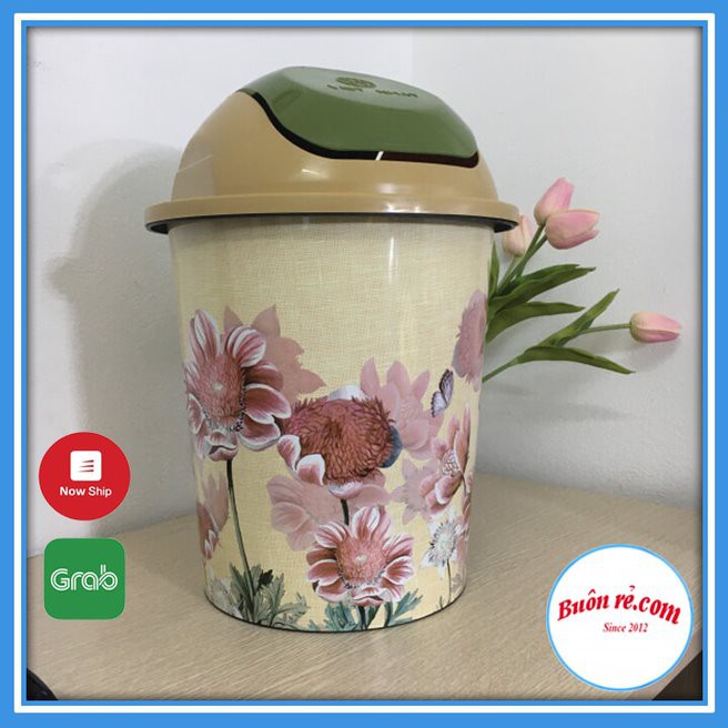 Thùng rác nắp lật tròn bé Việt Nhật in hoa (MS:5313)-01259 - Thùng rác văn phòng, bền đẹp chắc chắn, tiện lợi