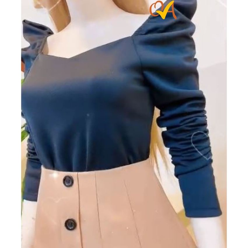 Set váy nữ tiểu thư chân váy nút màu da phối với áo thun tay dài thời trang dạo phố, công sở Quocanh