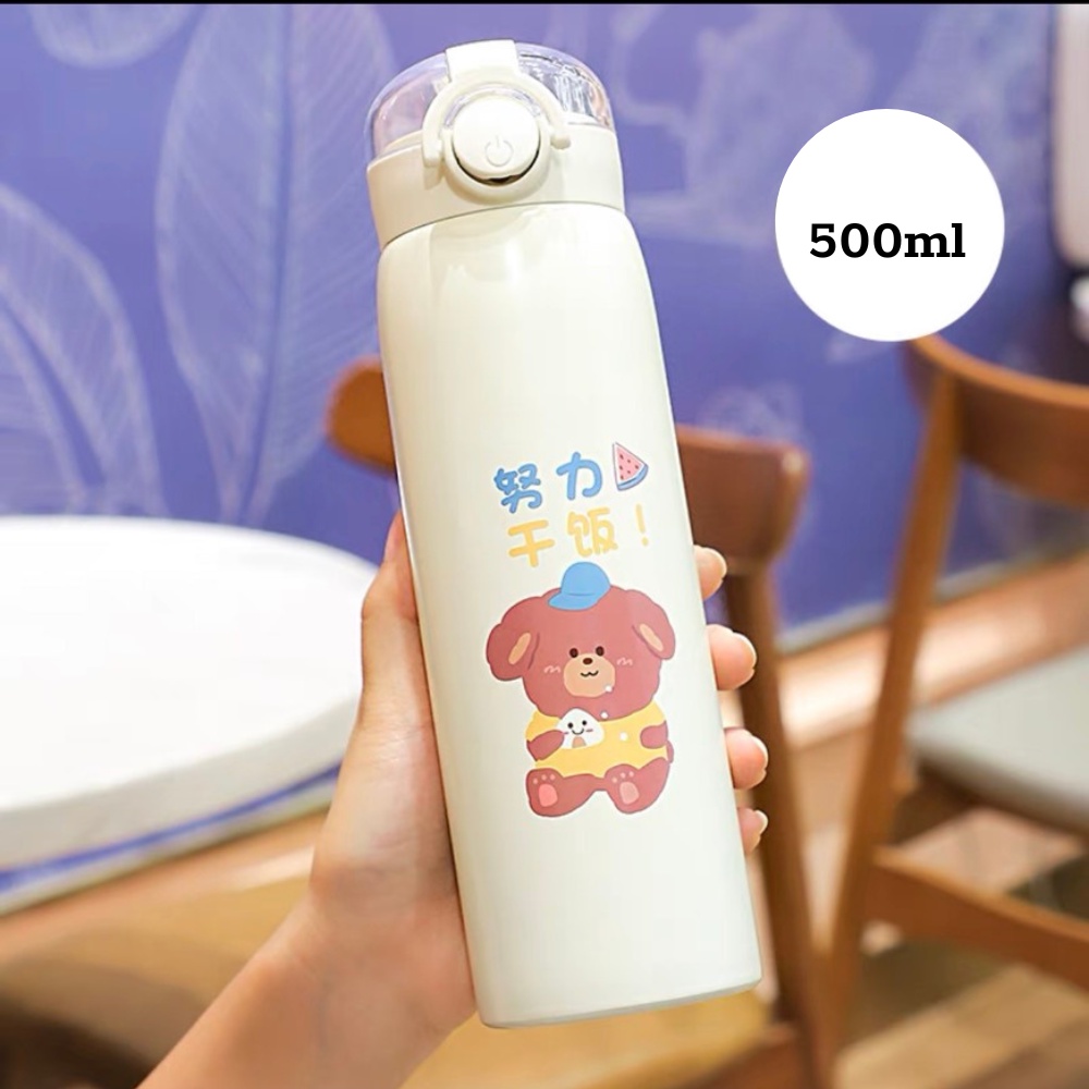 Bình giữ nhiệt 500ml Hình Gấu , bình nước giữ nhiệt inox 304 có ống hút có dây , bình giữ nhiệt cho bé