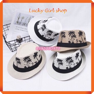 🎩 Nón/ Mũ Phớt Cói Unisex Họa Tiết Cây Dừa Thời Trang Size 58cm _ Lucky Girl shop