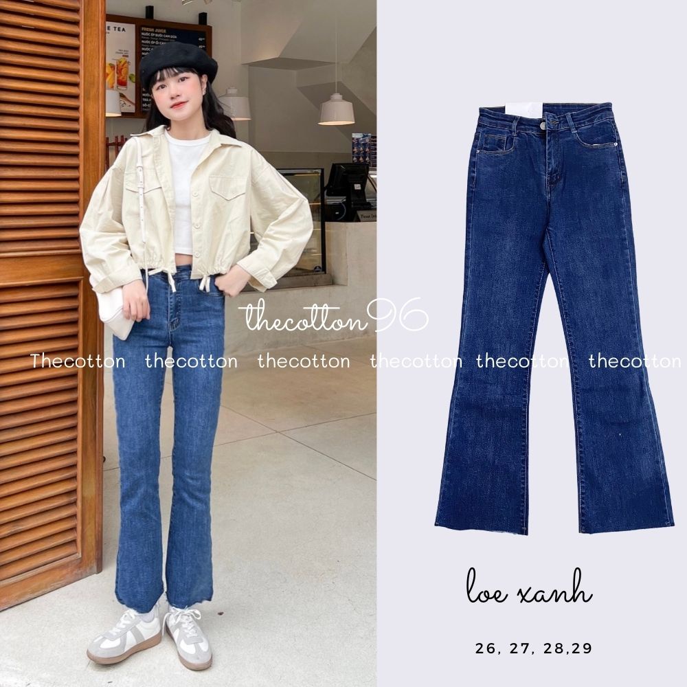 Quần Jeans Ống Loe Xanh Co Giãn TheCotton Quần Jeans Nữ Lưng Cao Cắt Gấu Ảnh Thật