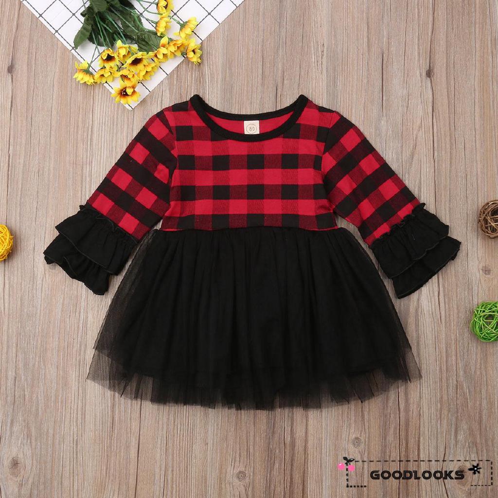 Đầm Dài Tay Sọc Caro Phối Vải Tuyn Xinh Xắn Cho Bé Gái
