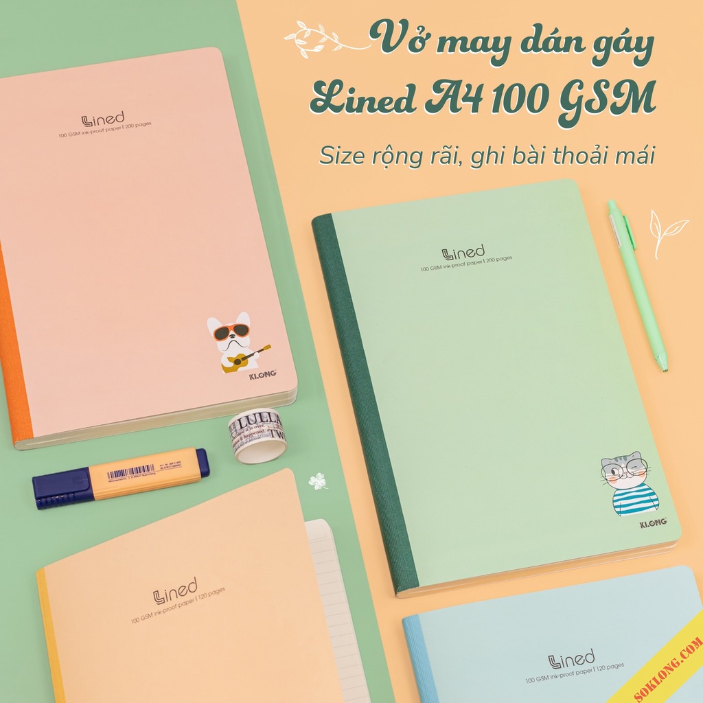 Vở Klong A4 may dán gáy 120 trang kẻ ngang VPPKLONG, sổ Klong MS 847 bìa dễ thương giấy 100gsm