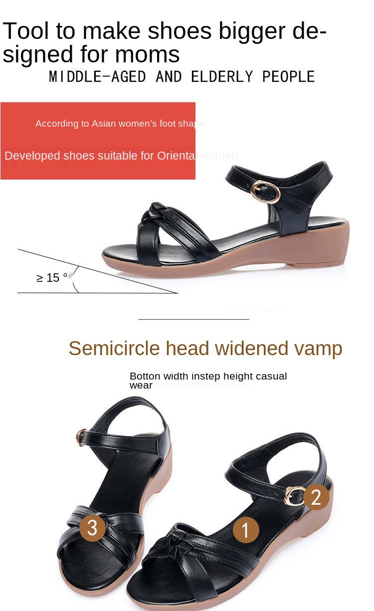 2021Women's High-End Sandals Flat Bottom Comfort Middle Heel Wedge Fashionable All-Match Beef Tendon Soft Bottom Middle-Aged Mom Sandals