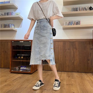 (ORDER Chân váy bò denim dáng dài rách vạt nhiều cúc kiểu dáng Ulzzang Hàn Quốc