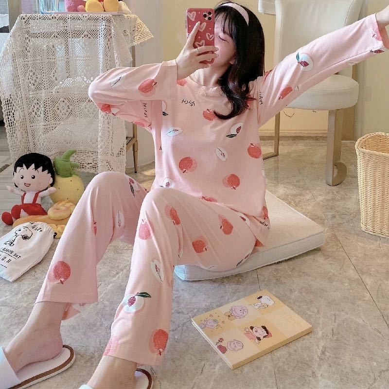 Spring, summer, autumn and winter long-sleeved pajamas female cute pajamas female students autumn and winter plus size Fresh Korean home service kit