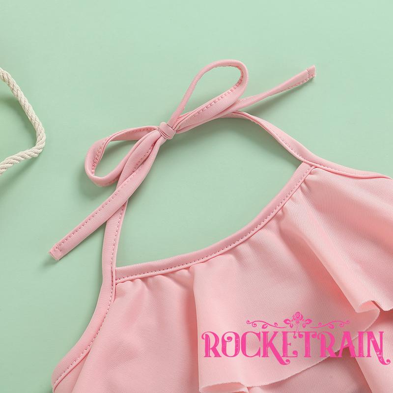 ☌Xt✡Set Đồ Bơi 3 Món Gồm Áo Hai Dây Nhún Bèo Màu Trơn + Quần Lót + Băng Đô Dành Cho Bé Gái