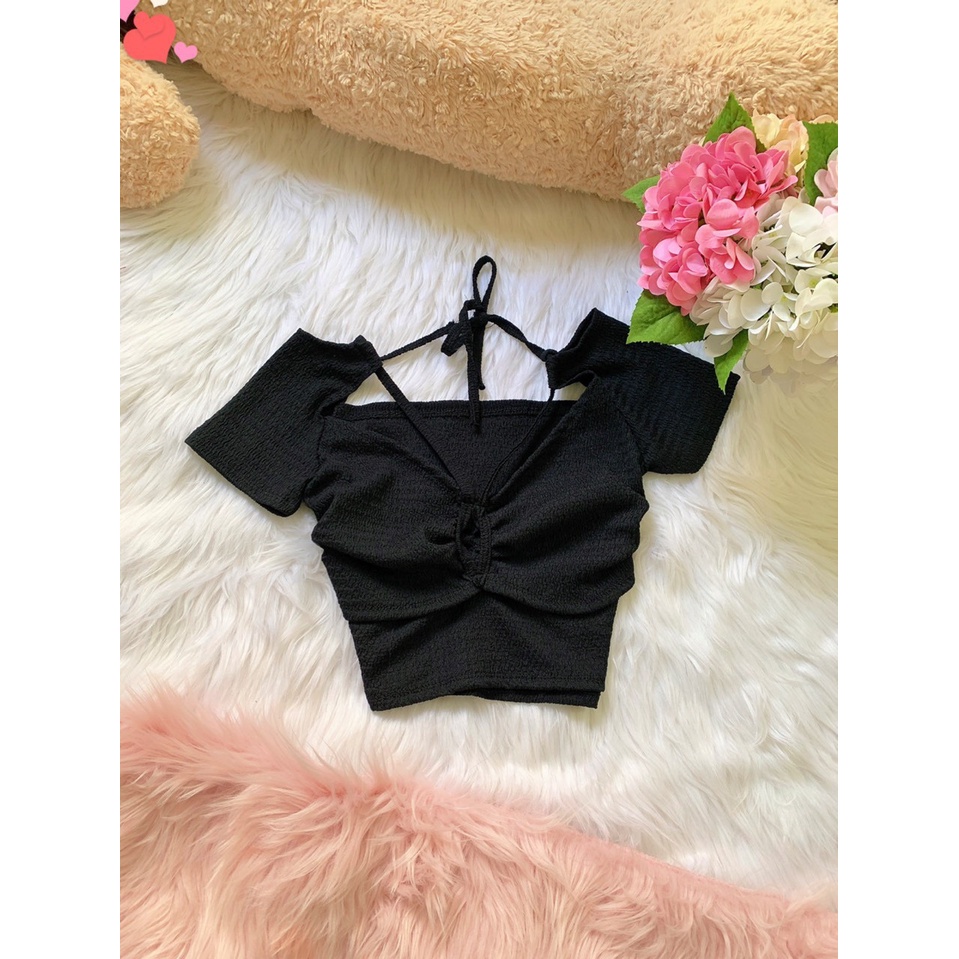 Áo xốp croptop tay ngắn cổ tim luồn dây vai cực hot , chất thun xốp mềm mịn