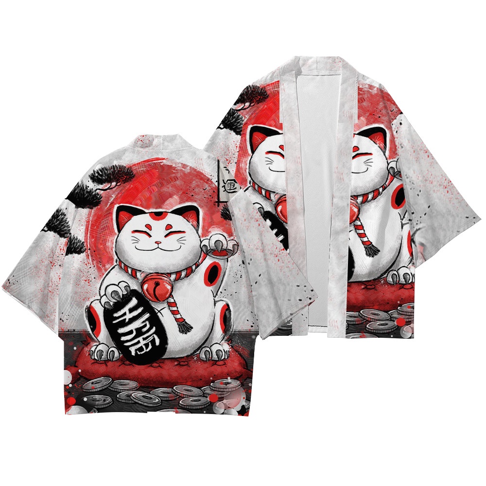 Áo Kimono In Họa Tiết Hoạt Hình Mèo Và Chim Hạc Phong Cách Mới
