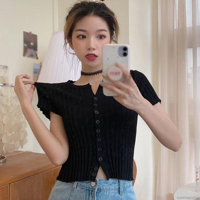 Áo Croptop Dệt Kim Tay Ngắn Màu Trơn Thiết Kế Đơn Giản Hợp Thời Trang