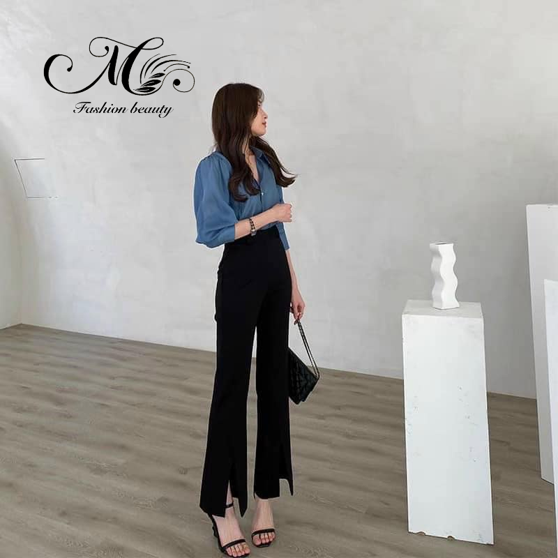 Quần ống loe xẻ tà nữ xịn 1 khuy vải tuyết mưa không nhăn không xù dài quần 98cm