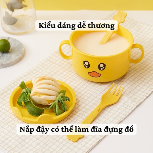 [TRỌN BỘ] Khay ăn dặm  Khay ăn cho bé lúa mạch cao cấp kèm cốc bát hình vịt con dễ thương an toàn trong lò vi sóng