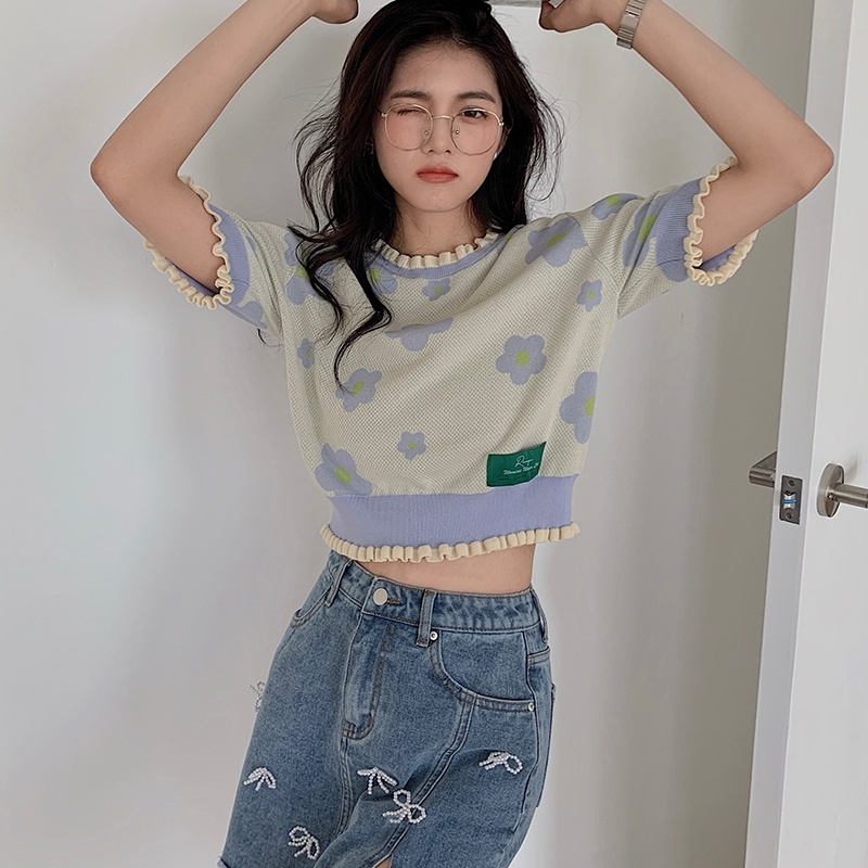 Áo thun nữ IHKKE tay ngắn in hoa thời trang Hàn Quốc