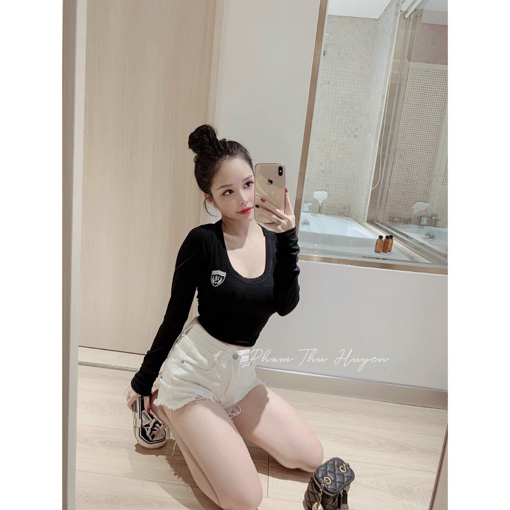 áo thun gân tay dài cổ u thêu logo xinh, thu đông, áo kiểu, free size đủ màu hình thật
