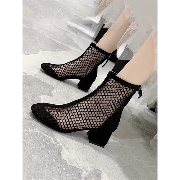 (Order) sz35-40 Boots lưới cổ lửng gót vuông 5cm hot hit