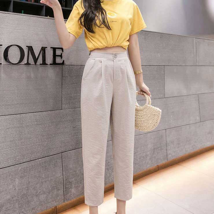 Quần Baggy đũi nữ cạp cao lưng chun khóa thật dáng lửng - Chất vải đũi xước màu Kem / Đen cực Xinh [Hàng HOT 2021] | BigBuy360 - bigbuy360.vn