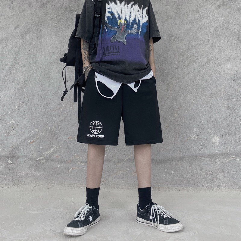 Quần đùi nam New York địa cầu - quần short ống rộng nam nữ Unisex