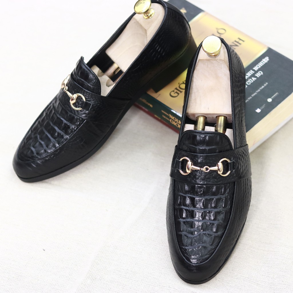 [FREE SHIP]GIÀY LƯỜI NAM DẬP VÂN CÁ SẤU KẾT HỢP ĐAI XÍCH -MÀU ĐEN -ĐẾ CAO 3CM-MÃ L180 | BigBuy360 - bigbuy360.vn