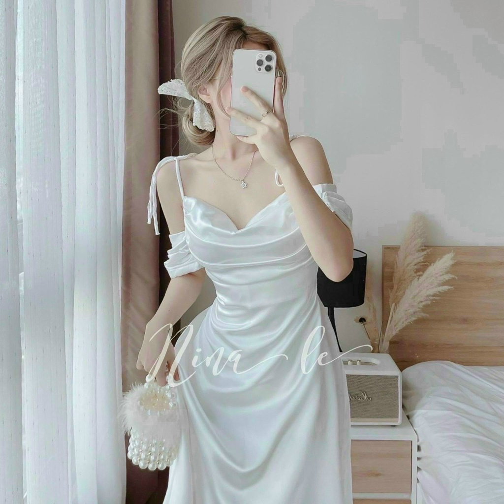Đầm Nữ Thời Trang Mặc Đi Tiệc, Đầm Maxi Phi Cổ Đổ Hai Dây Xếp Ly Phong Cách Hàn Quốc Mặc Đi Tiệc Sang Chảnh