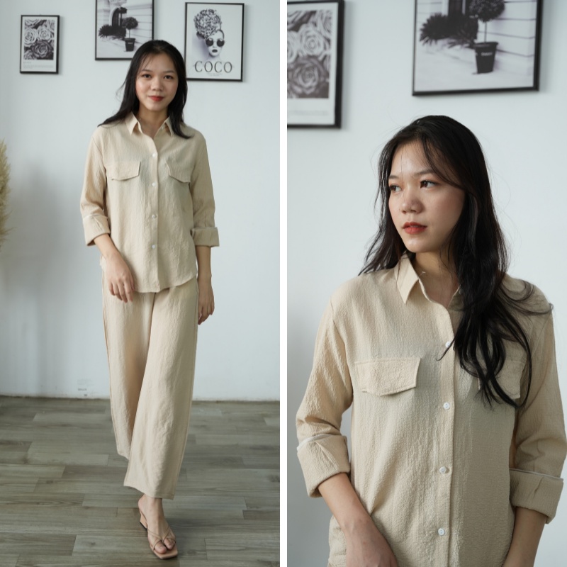 Set bộ đũi sơ mi dài tay quần ống rộng thu đông chất đũi xốp cao cấp sang trọng đi làm đi chơi đều đẹp DB05
